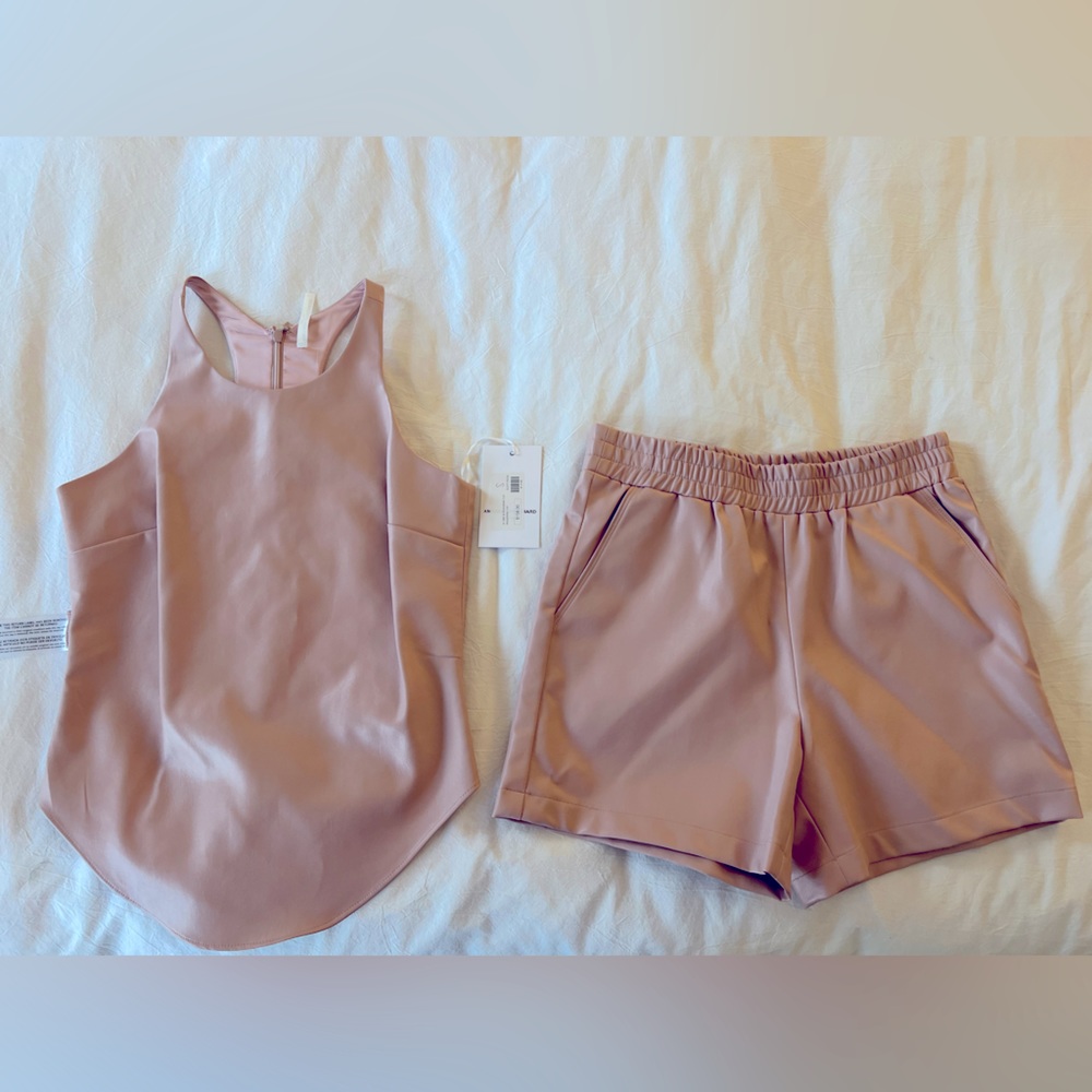 Amanda Uprichard leather Pasadena top and matching leather shorts in dusty rose